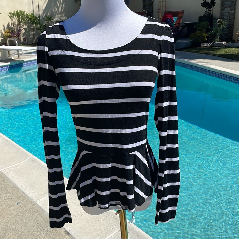 Stripped, Peplum, Black and White Stripped, long sleeve top | Size XS